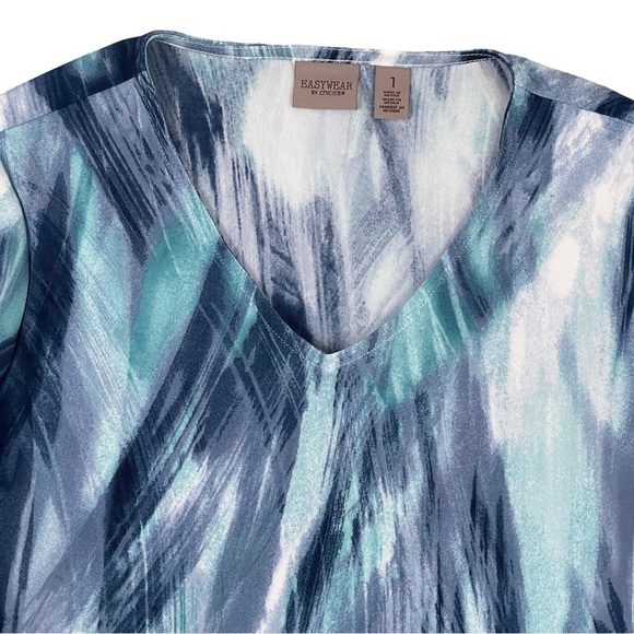 Chicos Easywear Top 2 Medium Printed V Neck 3/4 Sleeve Asymmetrical Hem Blue - Picture 2 of 9